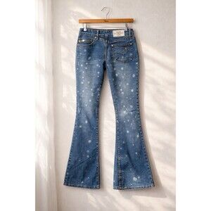 Baby Phat Flare Jeans Womens 9 Blue Distressed Paint Splatter Y2K Denim